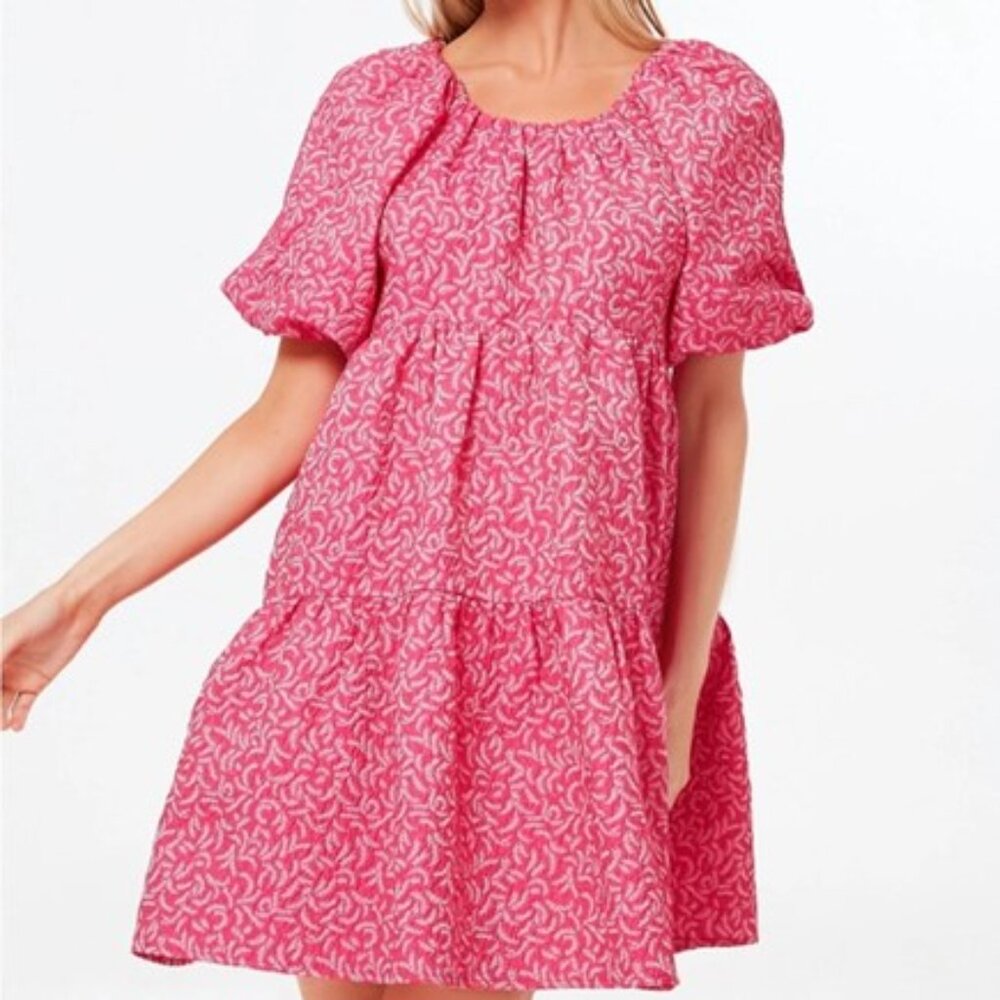Pink Printed Puff-Sleeve Mini Dress